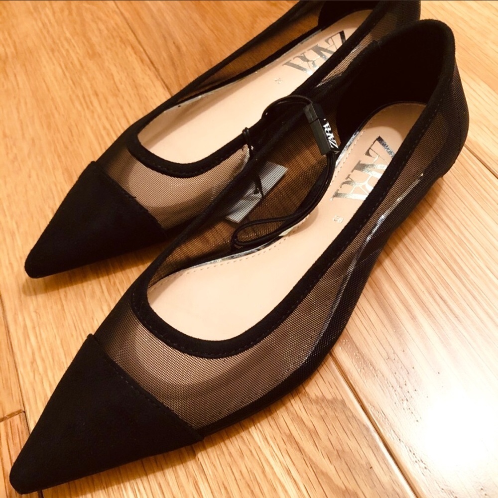 NWT Zara Black Mesh Ballet Flats - Picture 2 of 8